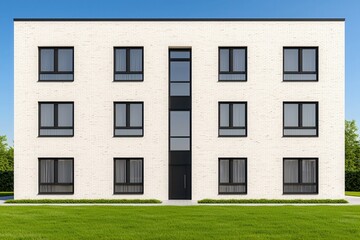 Eco-friendly garden greenery walls in an urban setting Modern white building with large windows and green lawn.