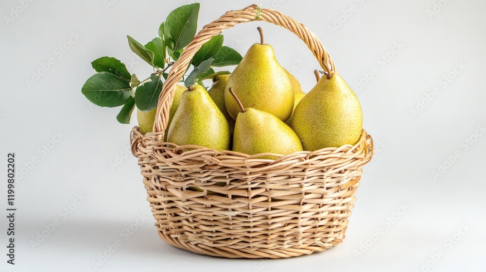 Poster isolated of fresh pears in a woven basket arranged neatly on a seamless white background stock photo