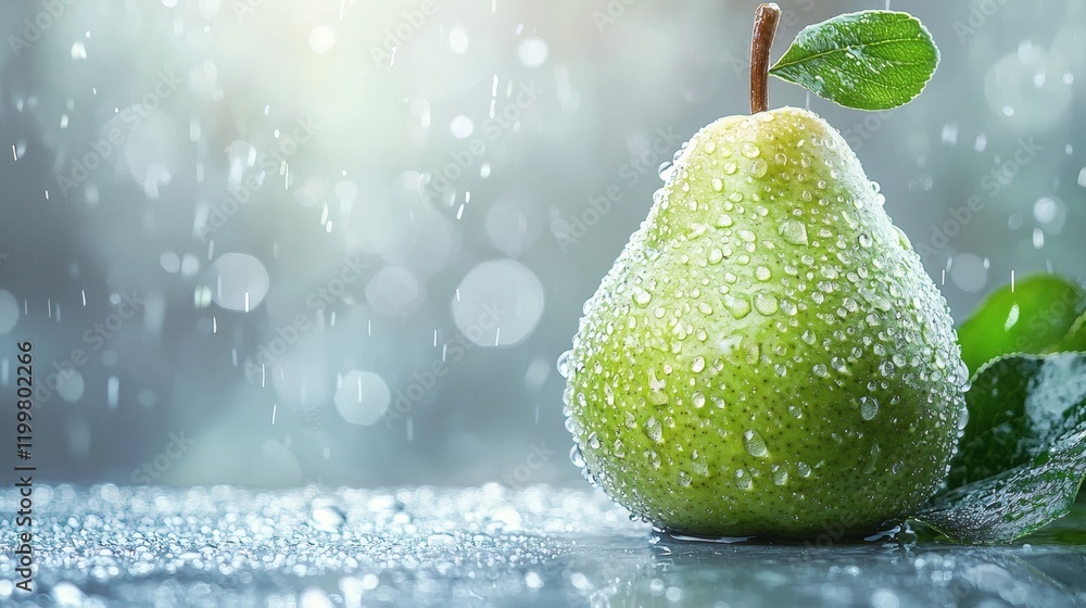 Poster isolated of a green pear with water droplets on the skin positioned centrally on a clean white surfa