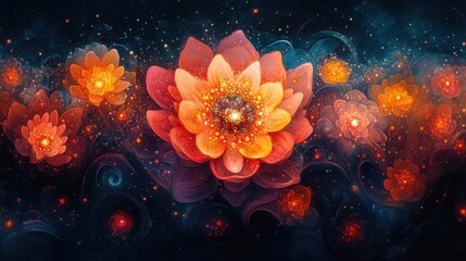 Fototapeta premium A vibrant digital artwork featuring colorful lotus flowers set against a dark, cosmic background, radiating beauty and tranquility.