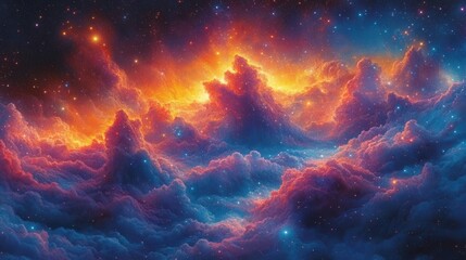 Fototapeta premium A vibrant cosmic scene with dramatic clouds illuminated in fiery orange and deep blue hues, evoking the beauty of the universe.