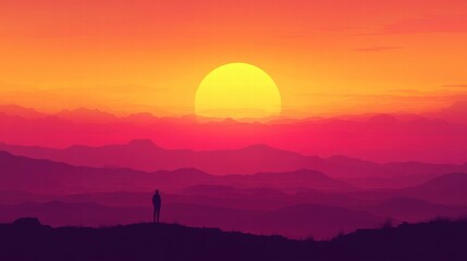 Obraz premium Traveler enjoys a stunning sunset view from a mountain summit with vibrant colors lighting the horizon. Generative AI
