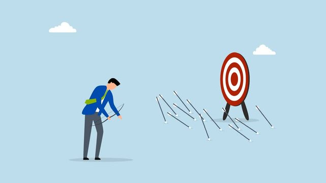 Failure missed all business target, 4k animation of disappointed entrepreneur archery frustration with his misfired arrows. 