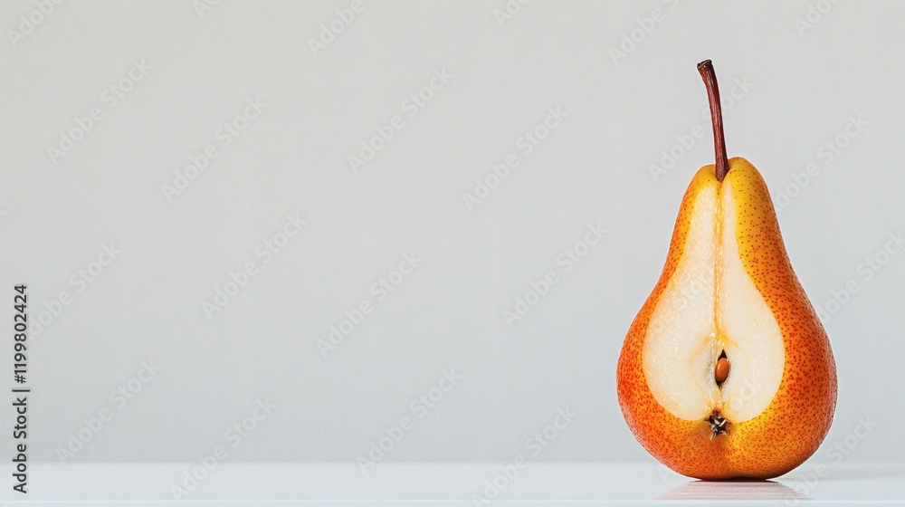 Poster Isolated of a single pear sliced in half showing the seeds and juicy texture on a seamless white background Stock Photo with side copy space