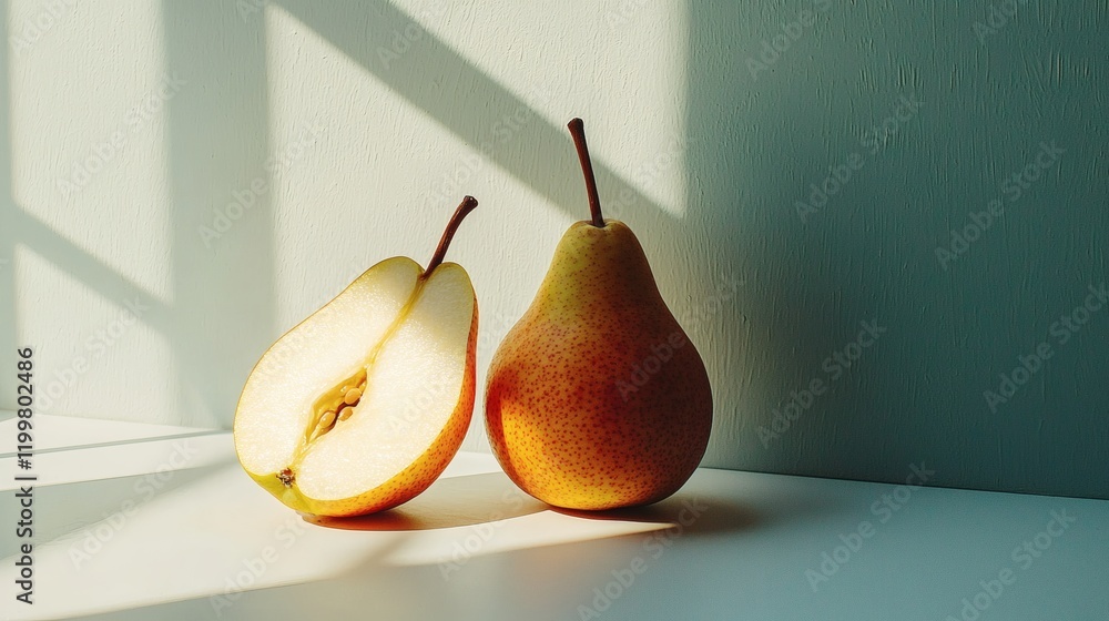 Poster Isolated of a single pear sliced in half showing the seeds and juicy texture on a seamless white background Stock Photo with side copy space