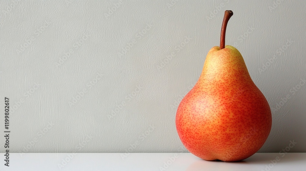 Poster Isolated of a single red pear with a vibrant hue and a slender stem placed on a clean white surface Stock Photo with side copy space