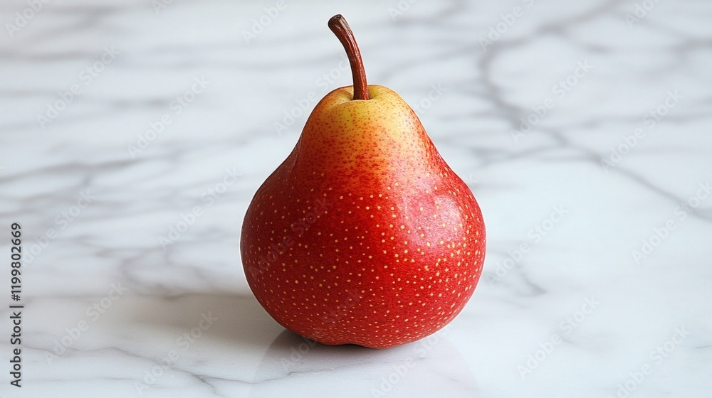 Poster Isolated of a single red pear with a vibrant hue and a slender stem placed on a clean white surface Stock Photo with side copy space