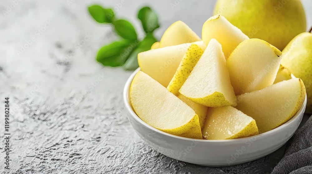 Poster Isolated of freshly sliced pear wedges arranged in a spiral pattern on a plate on a white background Stock Photo with side copy space