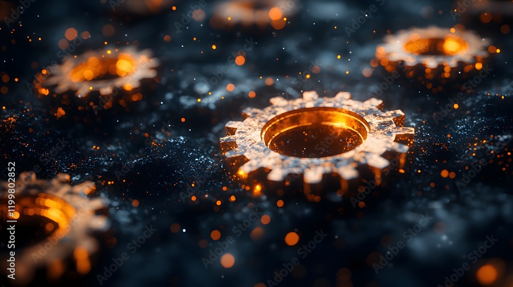 Poster abstract close-up view of luminous orange gears on a dark background, featuring intricate designs an