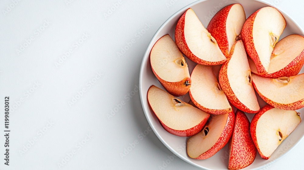 Poster Isolated of freshly sliced pear wedges arranged in a spiral pattern on a plate on a white background Stock Photo with side copy space