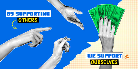 Retro collage symbolizing the act of giving and receiving, emphasizing the importance of charity and community support. Financial contributions, helping each other.