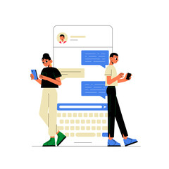 Two Characters Messaging On Smartphones With Large Chat Interface In Flat Vector Illustration Symbolizing Digital Communication, Texting, And Technology, Isolated On White Background