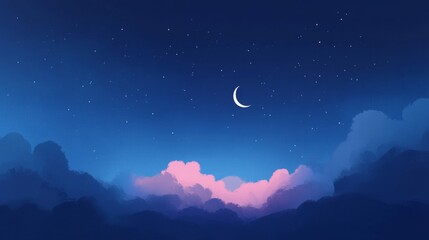 Serene Night Sky Above Pink Cloudscape Mountains