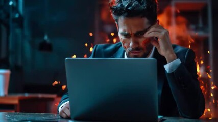 Video of a worried man at a computer with fire in the background conveys stress and urgency, useful for illustrating cybersecurity and crisis management.
