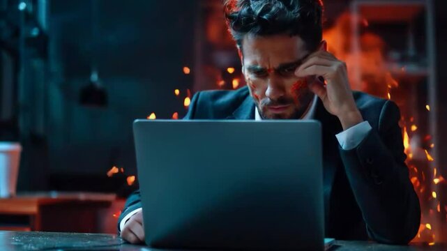 Video of a worried man at a computer with fire in the background conveys stress and urgency, useful for illustrating cybersecurity and crisis management.
