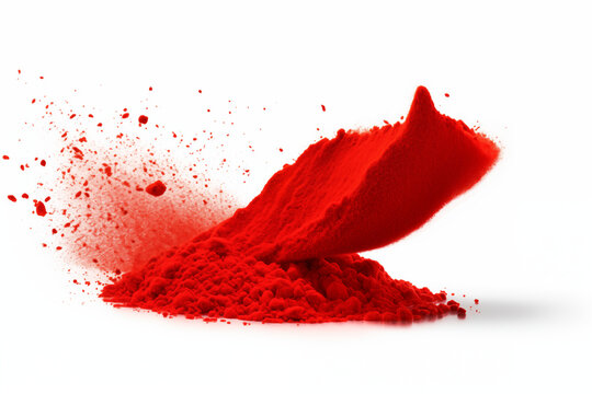 A image of vibrant red paprika powder flying dynamically in the air, isolated on a clean white background