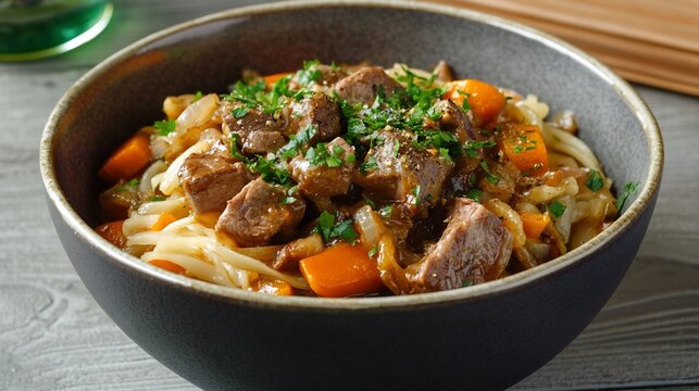 Bowl of navarin d'agneau lamb and root vegetables captured in a rustic topdown style