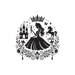 Black Color princess silhouette design Vector Illustration, Solid White Background (20).eps