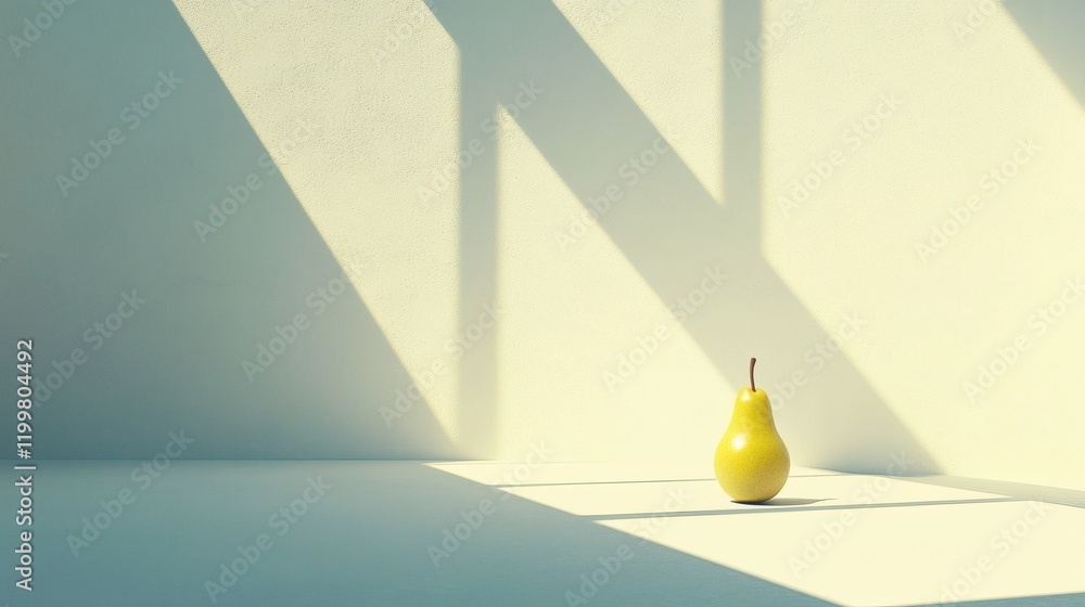 Poster Isolated of a single small pear with a light green hue and a rounded shape placed on a seamless white background Stock Photo with side copy space