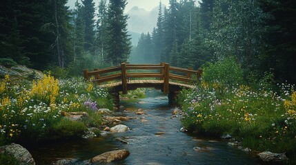 Wooden Bridge Spanning Serene Mountain Stream Wildflowers