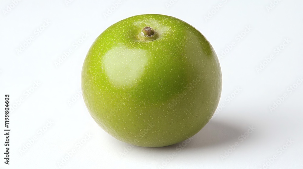 Aufkleber Isolated of a single small pear with a light green hue and a rounded shape placed on a seamless white background Stock Photo with side copy space