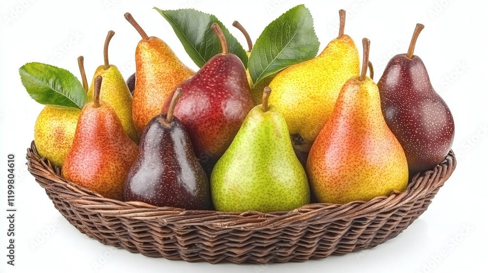 Poster isolated of pears of varying sizes and colors arranged decoratively in a wicker basket on a white ba