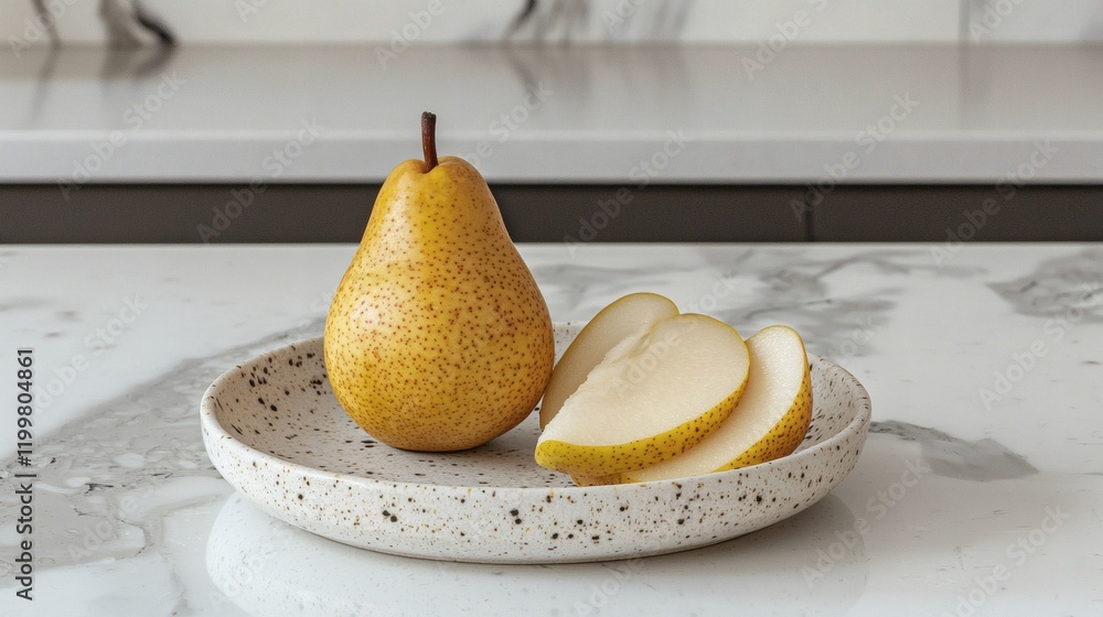 Poster isolated of a whole yellow pear next to thin slices positioned artfully on a small ceramic plate on 