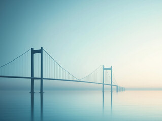 Obraz premium Serene Morning View of a Suspension Bridge Over Calm Waters with Soft Pastel Sky