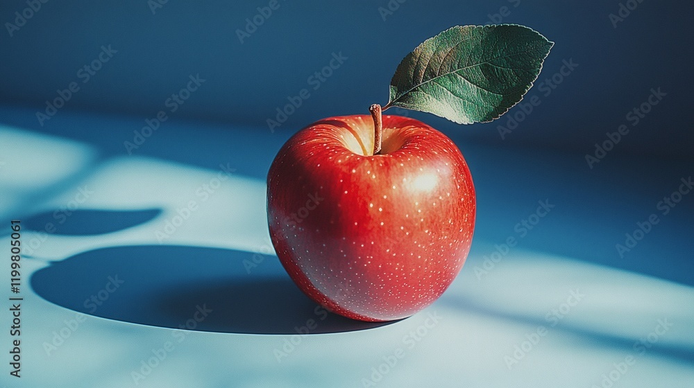 Poster Isolated of a single red apple with a glossy surface and a green leaf attached centered on a plain white background Stock Photo with side copy space