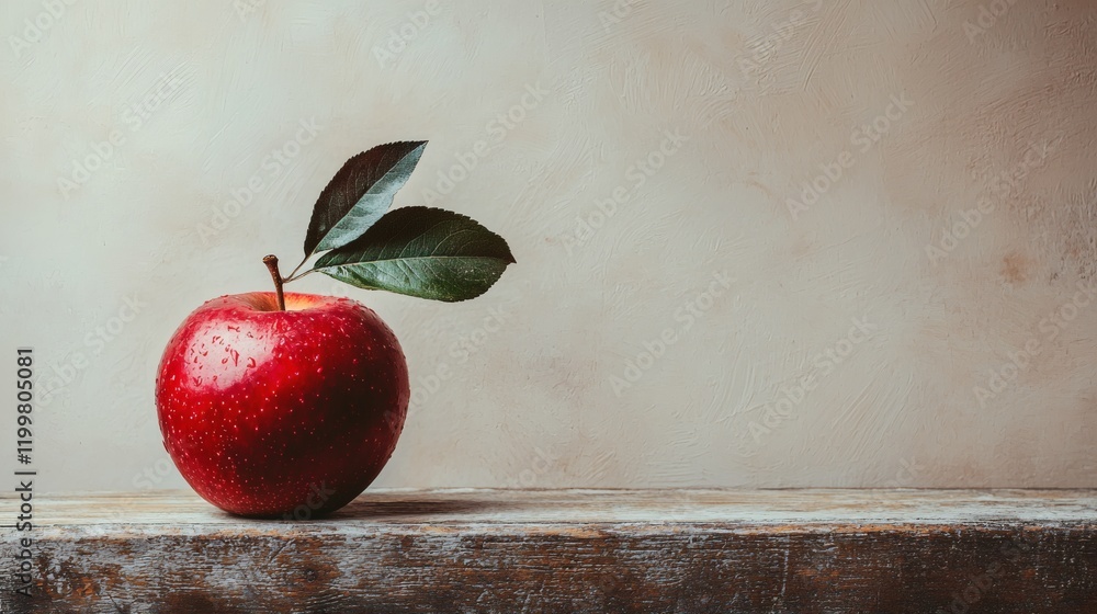 Poster Isolated of a single red apple with a glossy surface and a green leaf attached centered on a plain white background Stock Photo with side copy space