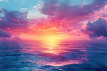 Obraz premium Vibrant sunset over calm ocean; pink, orange, blue hues.