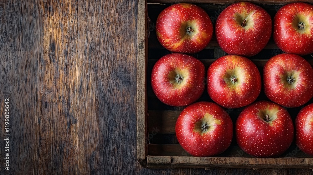 Poster isolated of fresh apples in a wooden crate arranged neatly on a seamless white background stock phot
