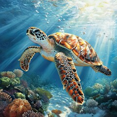 Obraz premium Majestic Sea Turtle Gracefully Swims Through Vibrant Coral Reef