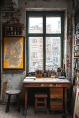 Artist's cluttered studio, paintbrushes, old map.