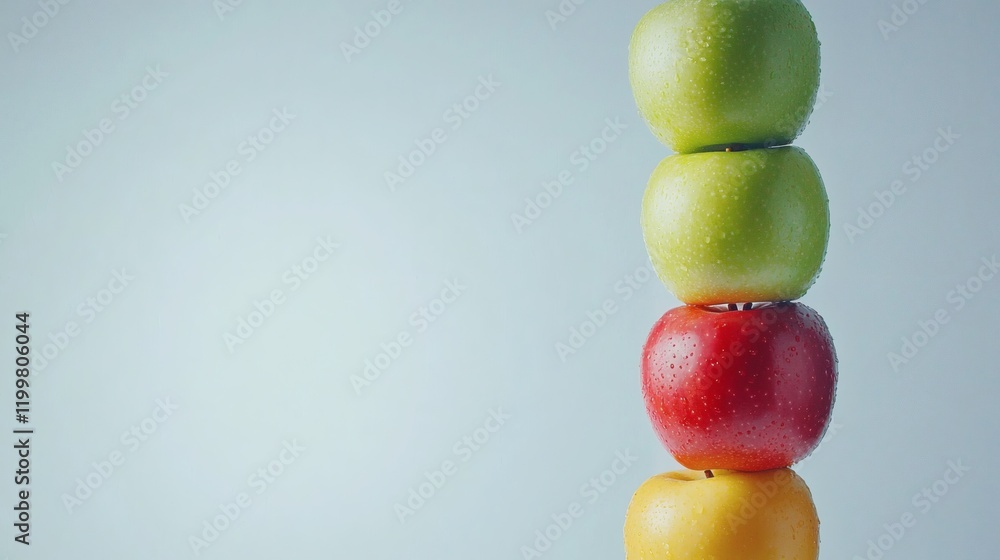 Poster isolated of a group of mixed apples including red green and yellow varieties stacked together on a w