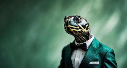 Charming turtle wearing a suit posing on an elegant green background.