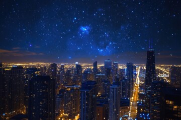 Obraz premium Night City Skyline with Starry Sky