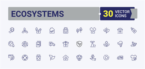 Ecosystems lined icons set. Featuring water, organic, technology, industry, warming, recycle and more. Collection for mobile and web apps. Editable stroke.