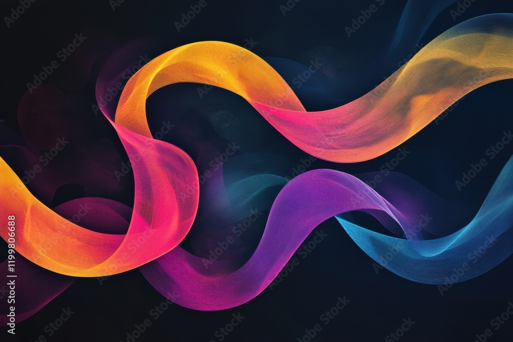 Poster vibrant abstract spirals with flowing curves and rich color gradients on a dark background for moder