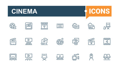 Cinema icons. Contains related to video, projector, movie, ticket, media, strip and more. Thin linear style icons. Vector illustration in modern line style.