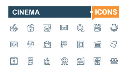 Cinema icons. Contains related to video, projector, movie, ticket, media, strip and more. Thin linear style icons. Vector illustration in modern line style.