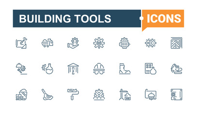Building Tools icons set. Related to helmet, carpenter, hammer, home, construction, industry, hand, saw. Simple icon designs. Vector illustration in modern line style.