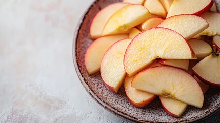 Isolated of freshly sliced apple wedges arranged in a circular pattern on a plate on a white background Stock Photo with side copy space
