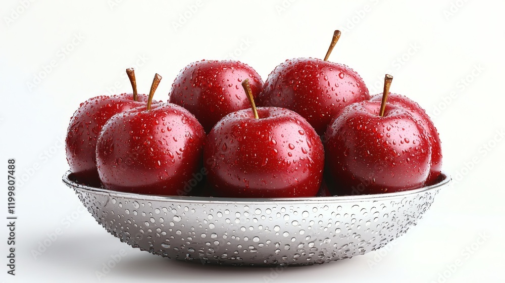 Poster isolated of red apples with small imperfections grouped together in a metal bowl on a seamless white