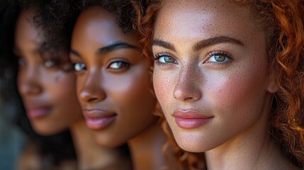 Diversity of beauty showcased in portrait of three women with unique features and vibrant expressions