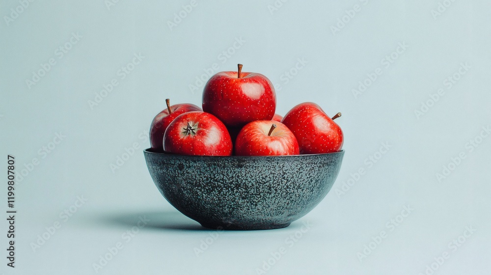 Poster isolated of red apples with small imperfections grouped together in a metal bowl on a seamless white