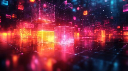 Fototapeta premium A vibrant digital landscape featuring glowing, translucent cubes in shades of pink, blue, and orange, set against a reflective background.