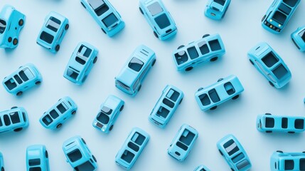 Fototapeta premium A vibrant collection of blue toy cars scattered on a light background, showcasing variety and playfulness