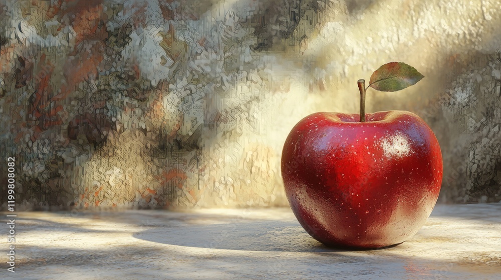Aufkleber Isolated of a single red apple with a stem and a vibrant natural shine placed on a plain white surface Stock Photo with side copy space