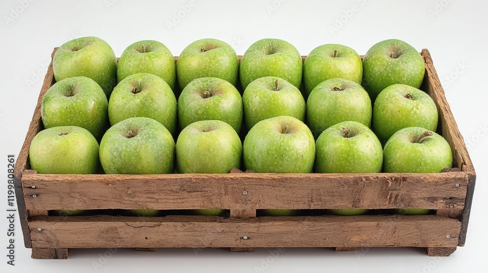 Aufkleber isolated of green apples neatly stacked in a wooden box on a white background with ample negative sp